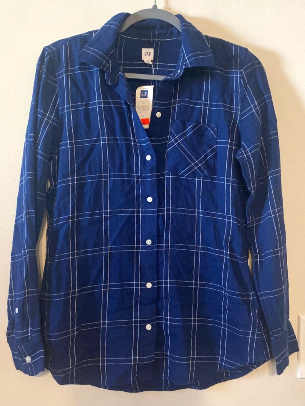 NWT Women's Gap Navy Blue White Gray Plaid Button Front Shirt‎ Size XS